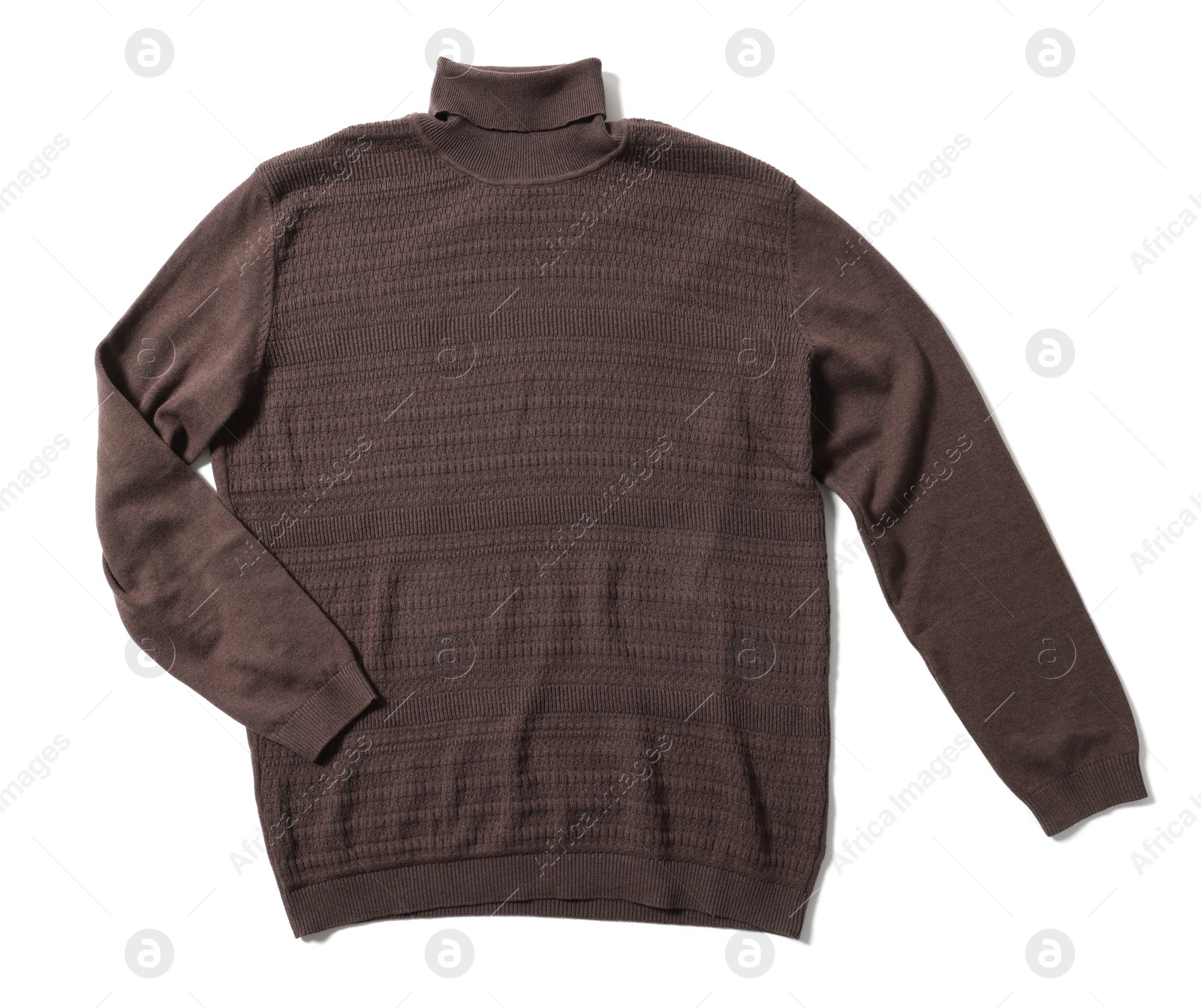 Photo of Stylish brown sweater isolated on white, top view