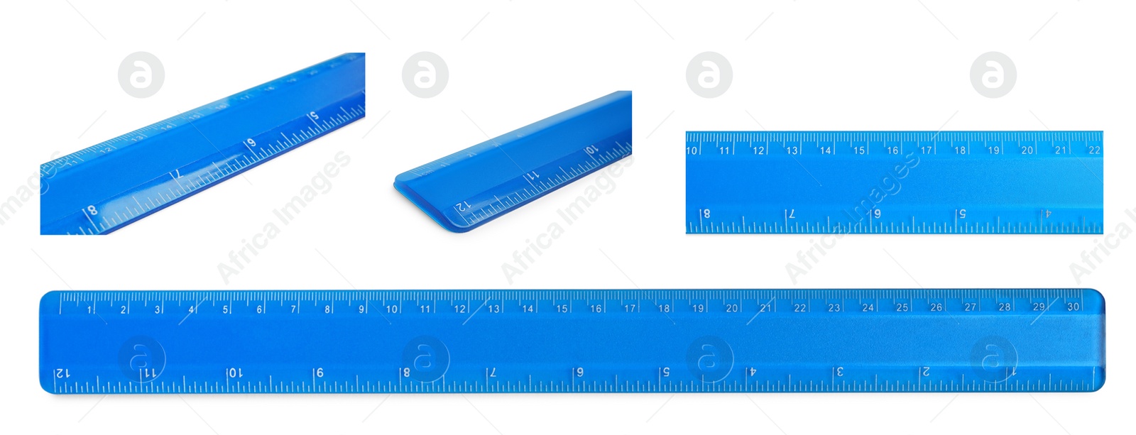 Image of Set with different rulers with measuring length markings in centimeters on white background. Banner design