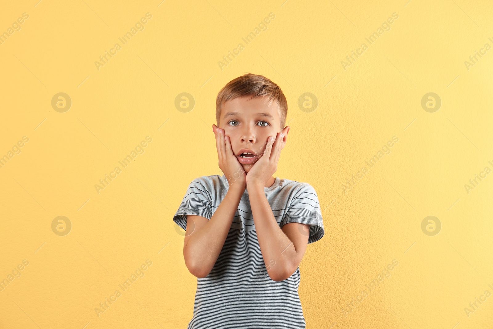 Photo of Adorable little boy in casual clothes on color background