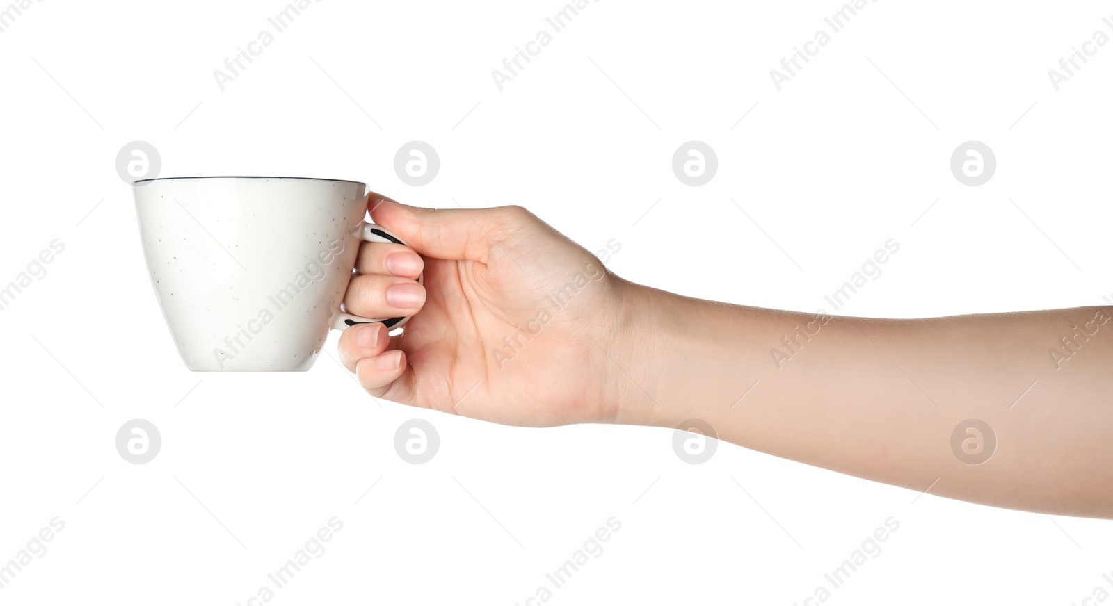 Photo of Woman holding cup on white background, closeup