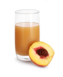 Photo of Glass of delicious peach juice and fresh fruit isolated on white