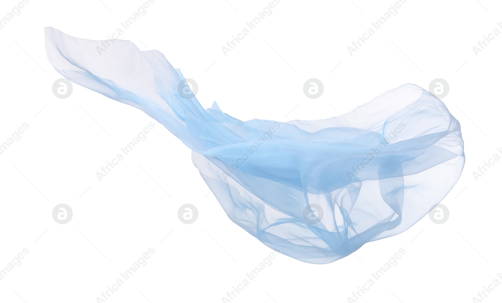 Photo of Beautiful light blue tulle fabric flying on white background