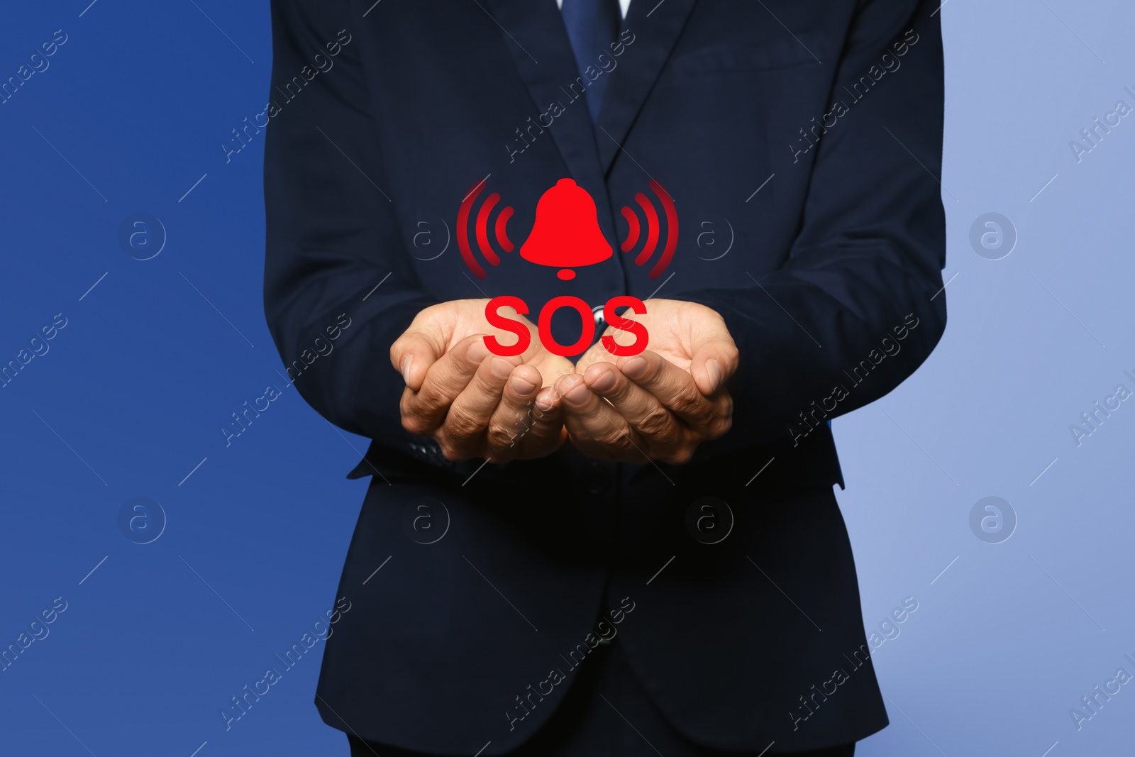 Image of Man holding virtual icon SOS on color background, closeup