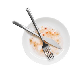 Photo of Dirty plate and cutlery on white background, top view