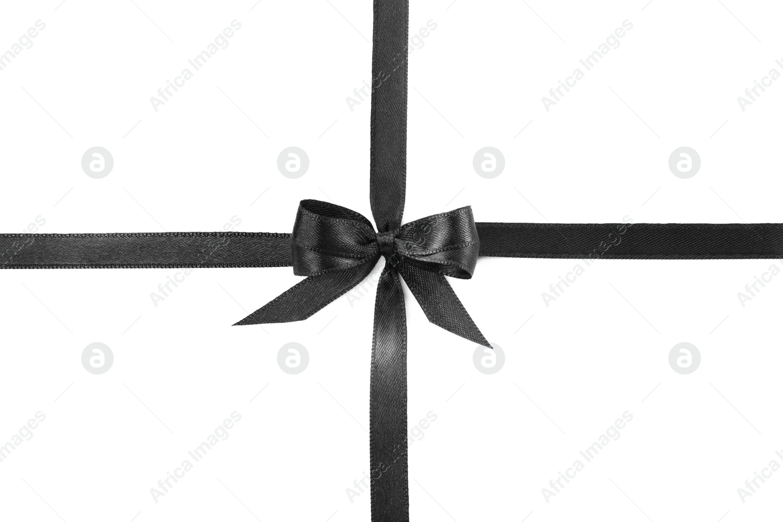 Photo of Elegant black ribbon with bow isolated on white, top view