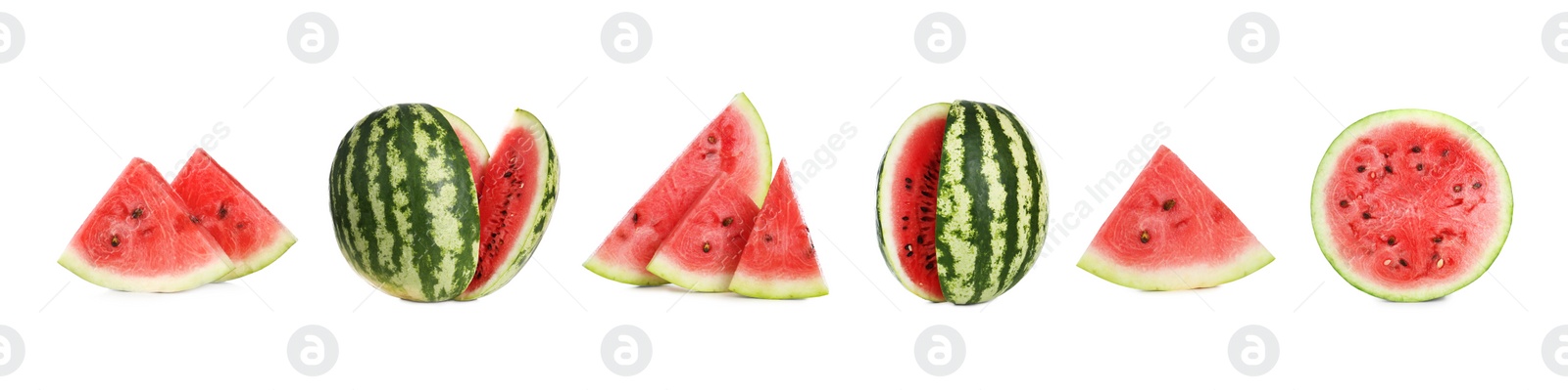 Image of Set of fresh watermelons on white background. Banner design