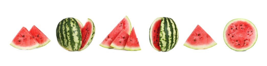 Image of Set of fresh watermelons on white background. Banner design