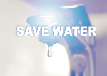 Save water concept. Drop falling down from tap on light background, closeup