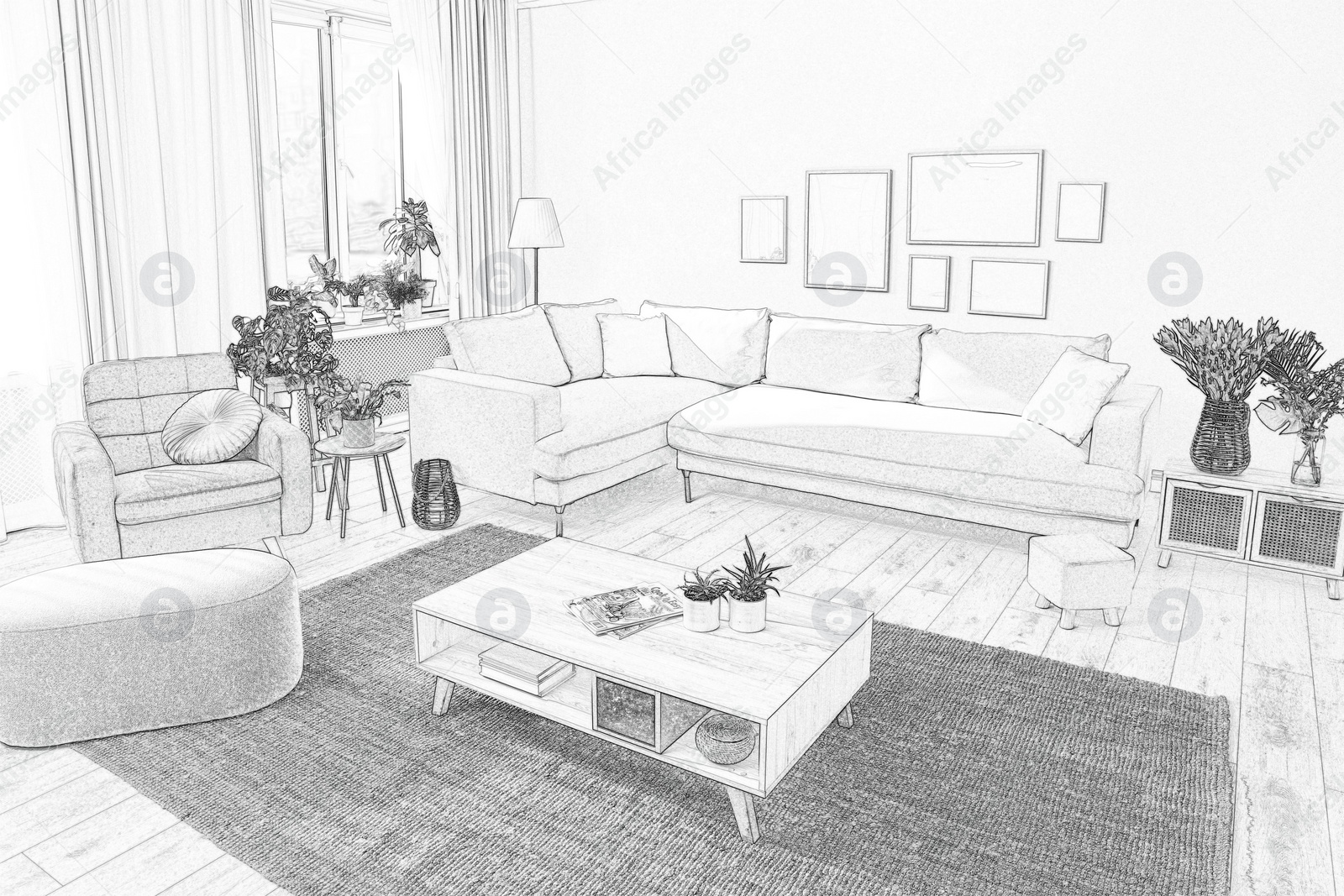 Image of Sketch of living room interior with stylish furniture. Illustration