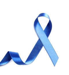Photo of Blue ribbon on white background, top view. Cancer awareness