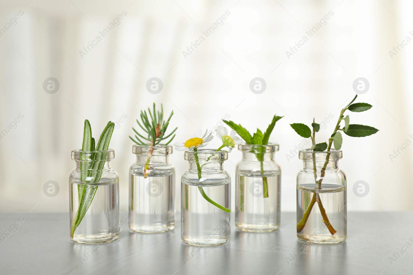 Photo of Glass bottles of different essential oils with plants on table