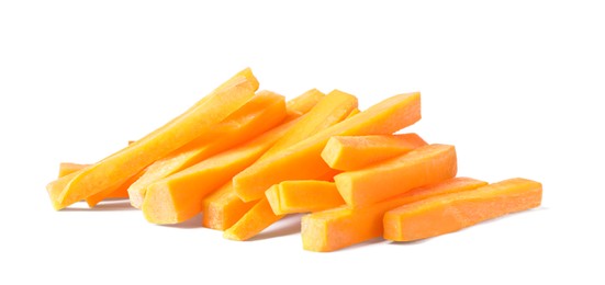 Photo of Pile of delicious carrot sticks isolated on white