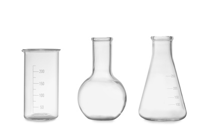 Clean empty laboratory glassware isolated on white