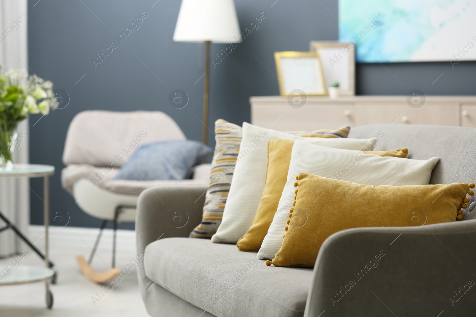 Photo of Sofa with pillows in modern living room interior