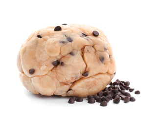 Photo of Raw cookie dough with chocolate chips on white background