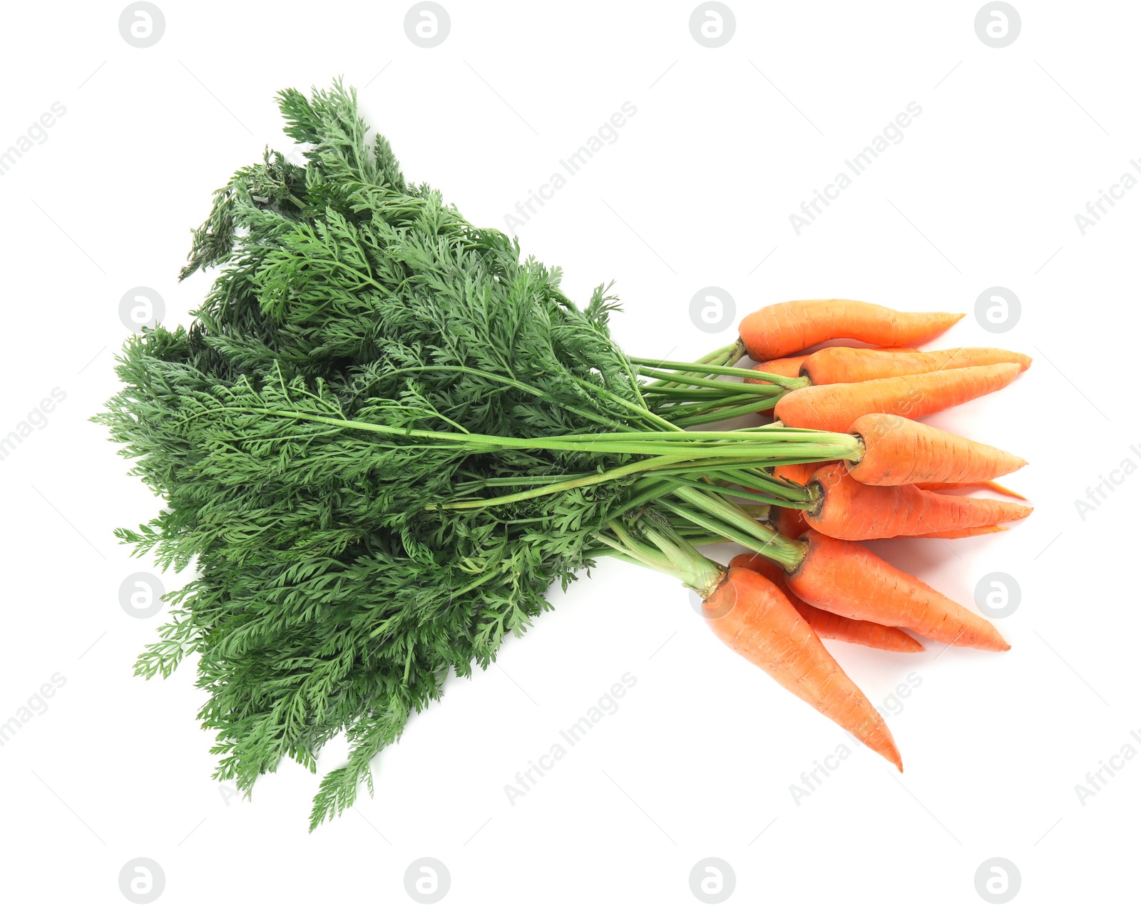 Photo of Bunch of fresh ripe carrots isolated on white, top view