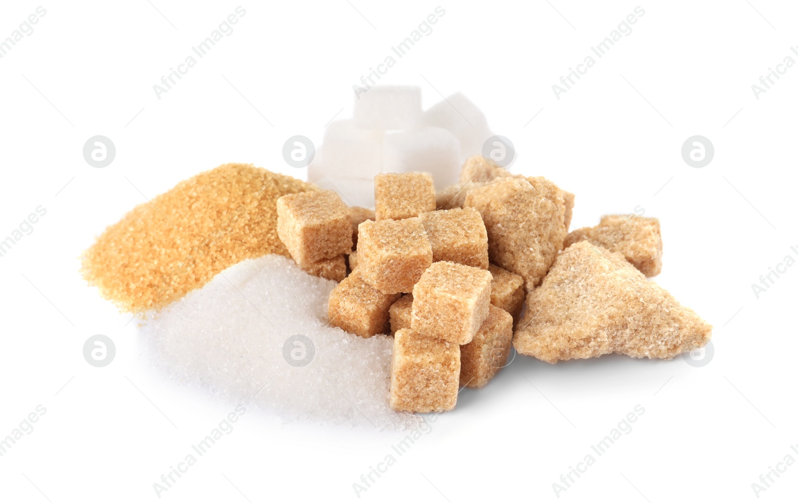 Photo of Different types of sugar on white background