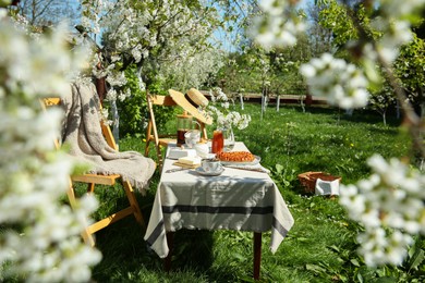 Photo of Beautiful table setting with spring flowers in garden on sunny day