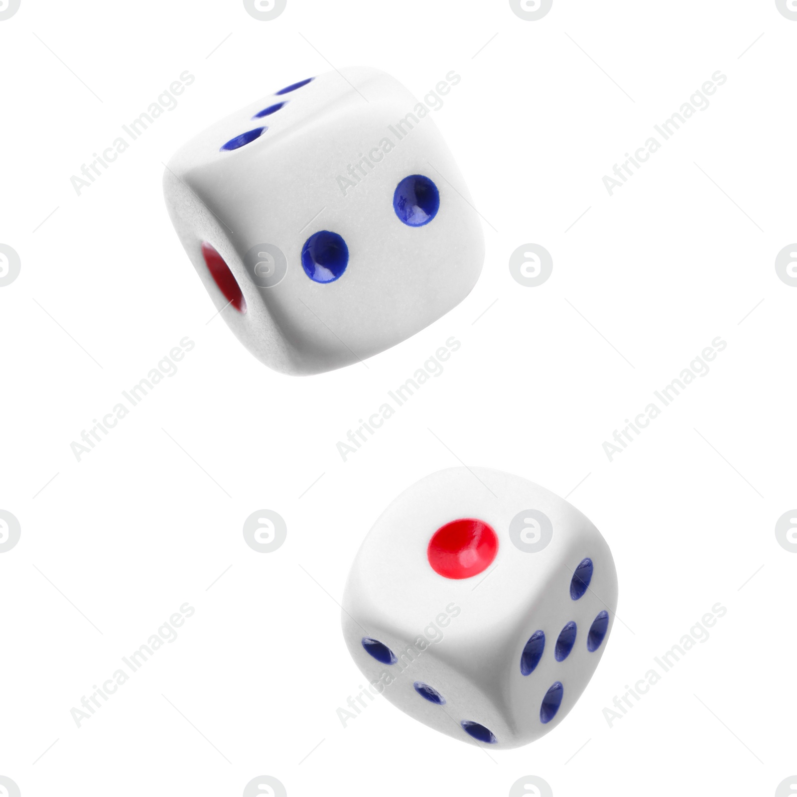 Image of Two dice in air on white background