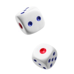 Two dice in air on white background