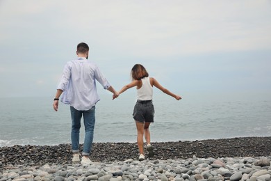 Young couple on rocky beach near sea, back view
