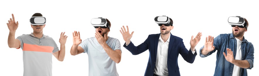 Men using virtual reality headset on white background, collage. Banner design