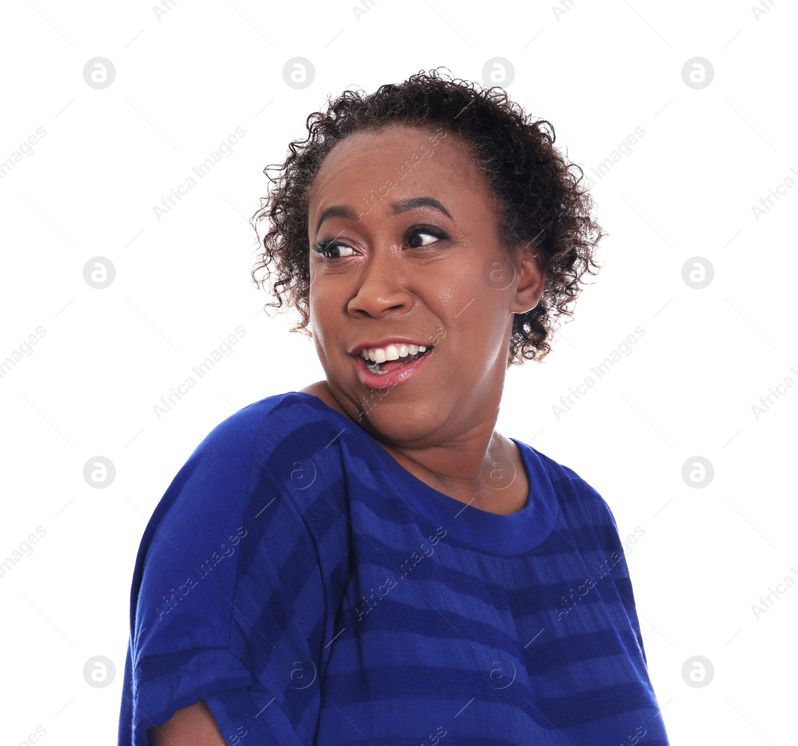 Photo of Portrait of happy African-American woman on white background