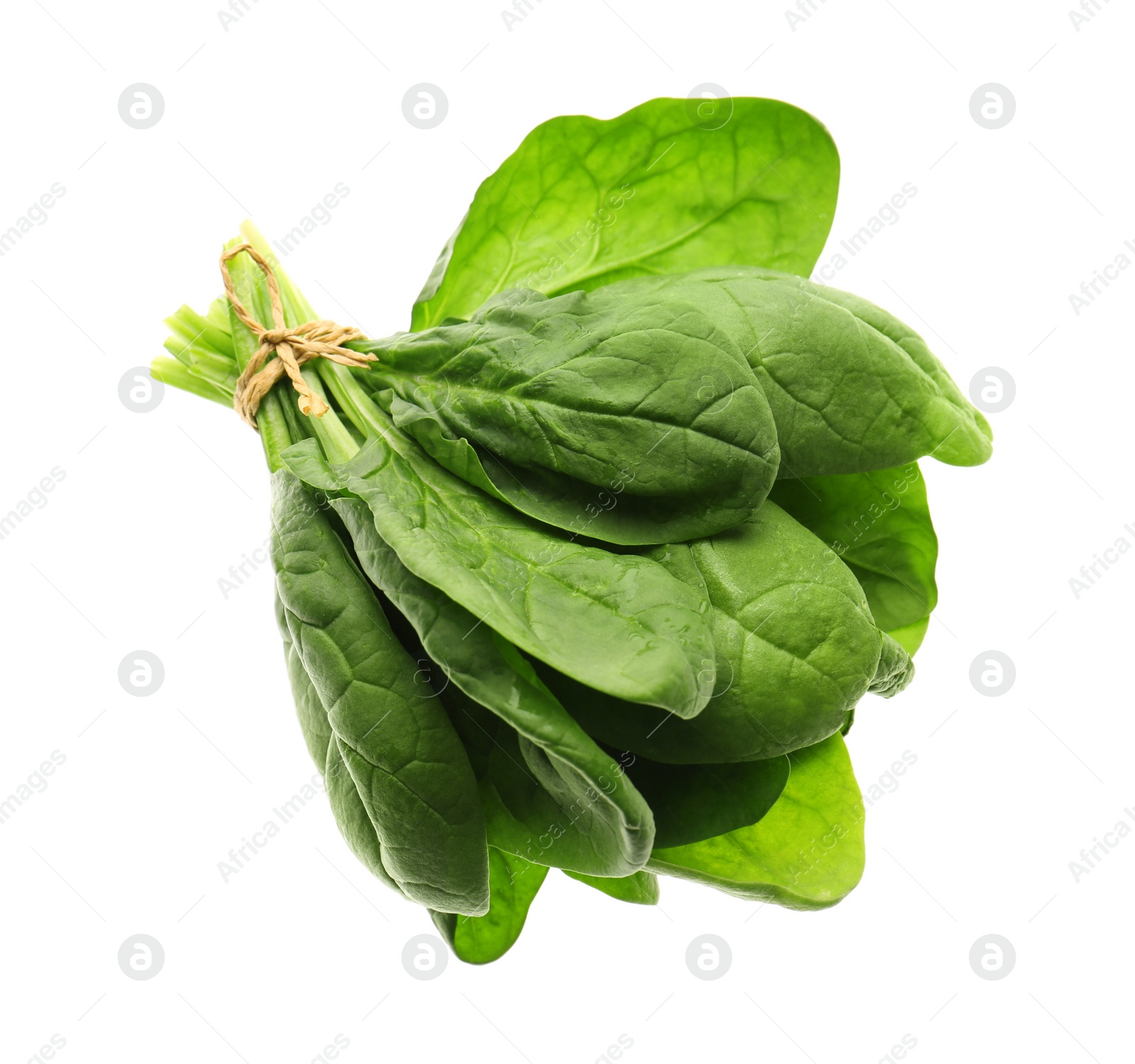 Photo of Bunch of fresh spinach isolated on white, top view