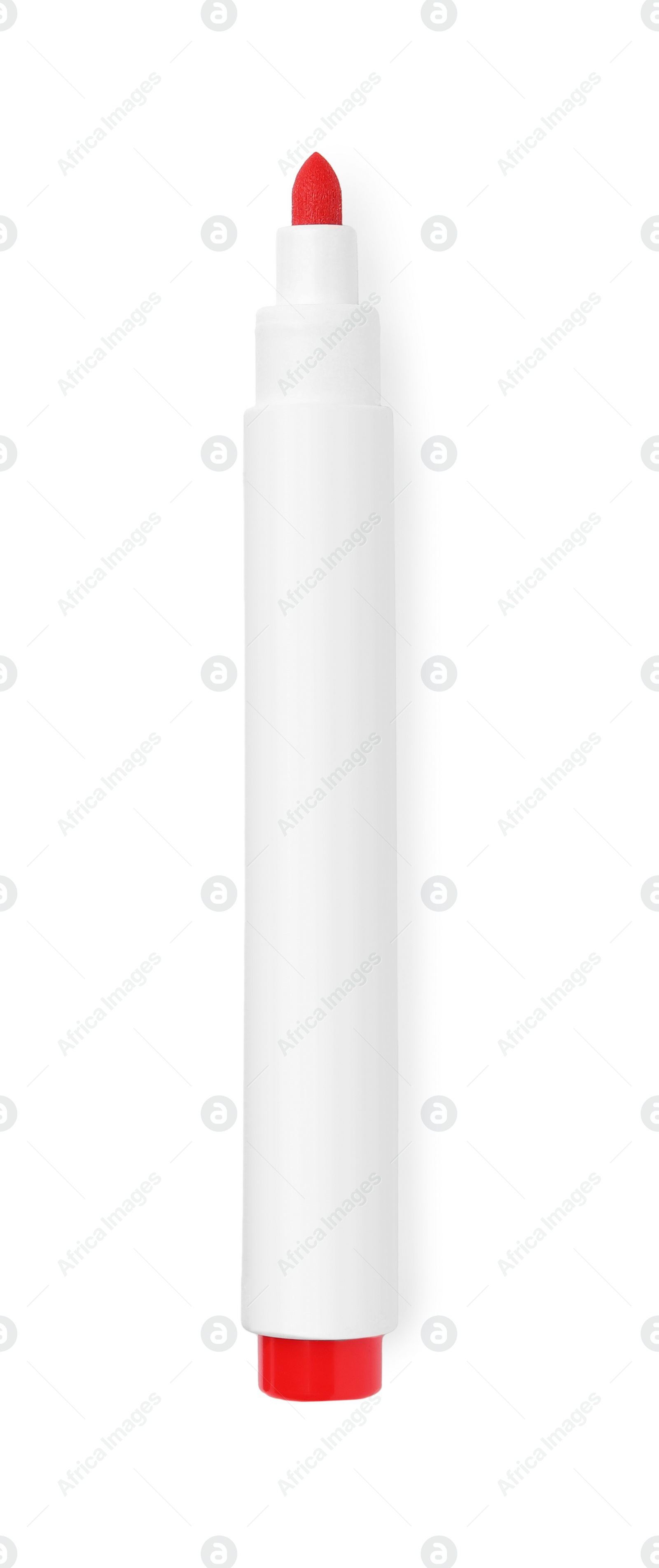 Photo of Bright red marker isolated on white, top view. School stationery