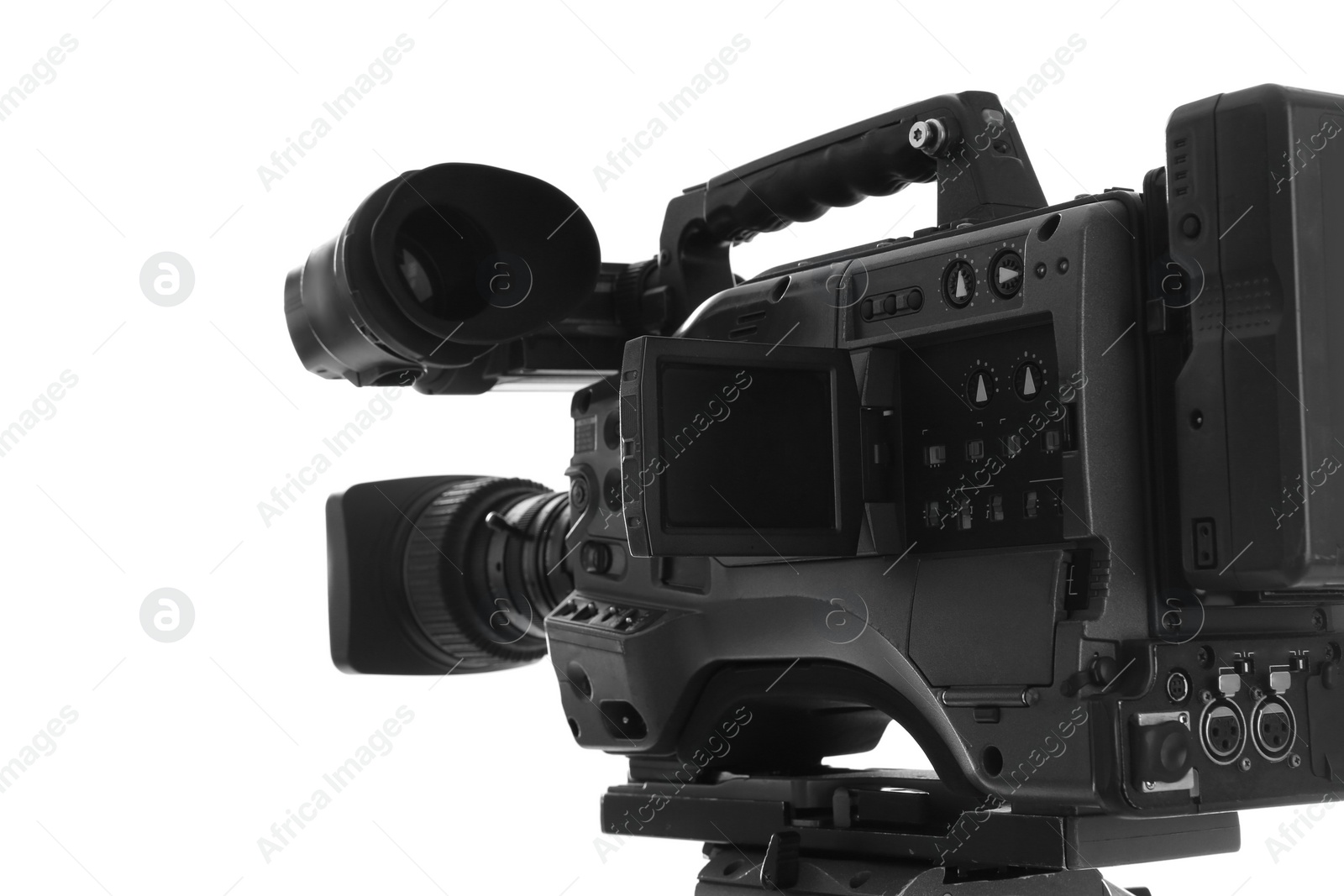 Photo of Modern professional video camera isolated on white, closeup