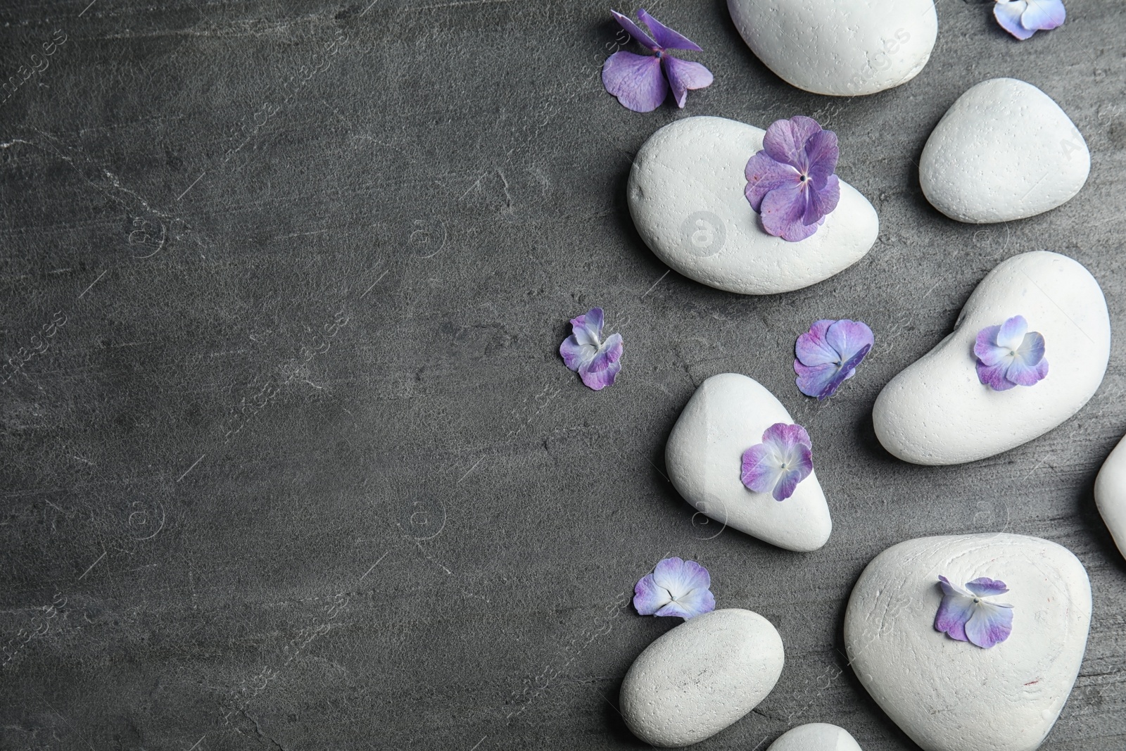 Photo of Zen stones and exotic flowers on dark background, top view with space for text