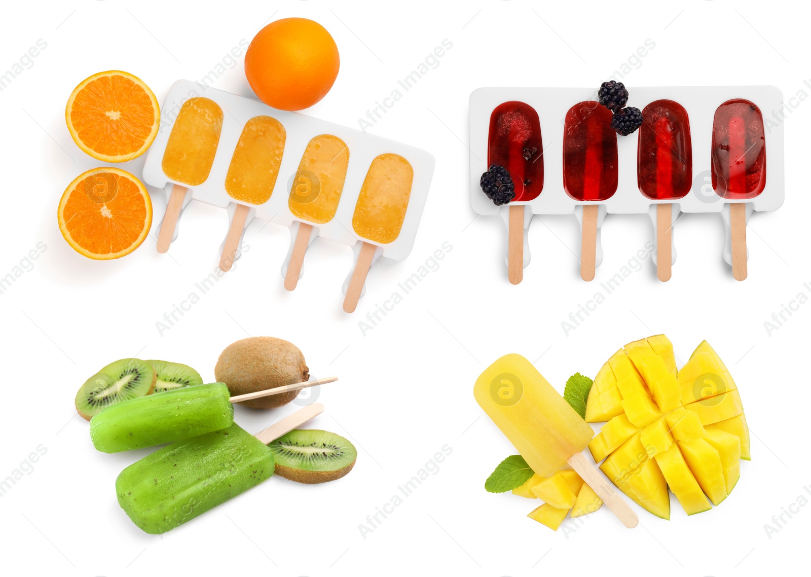 Image of Set with tasty berry ice pops on white background