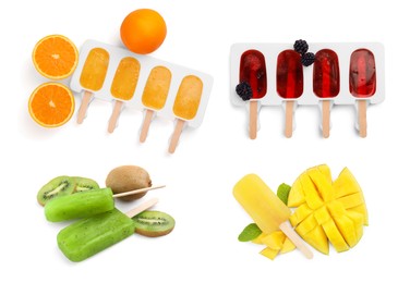 Set with tasty berry ice pops on white background