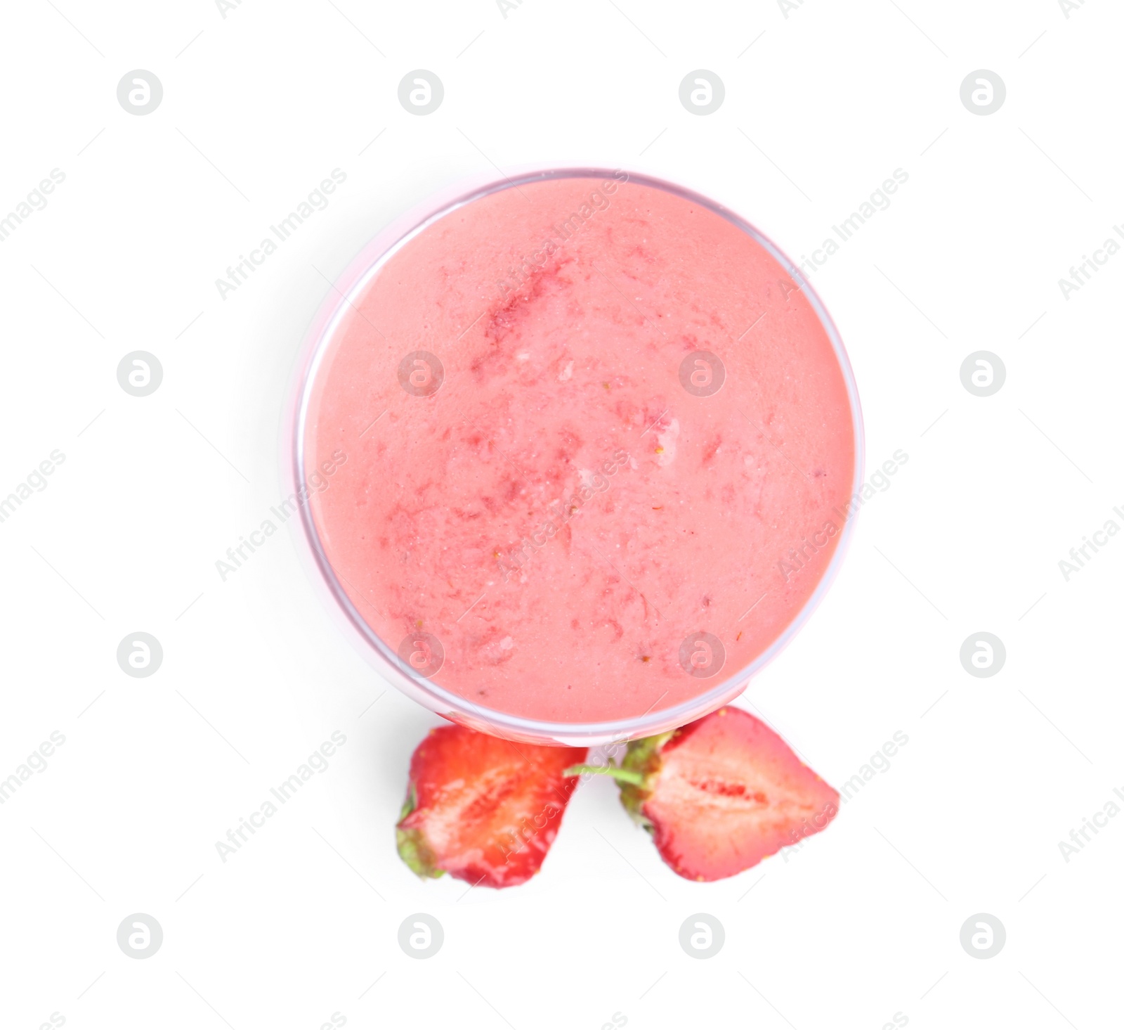 Photo of Tasty strawberry smoothie in glass isolated on white, top view