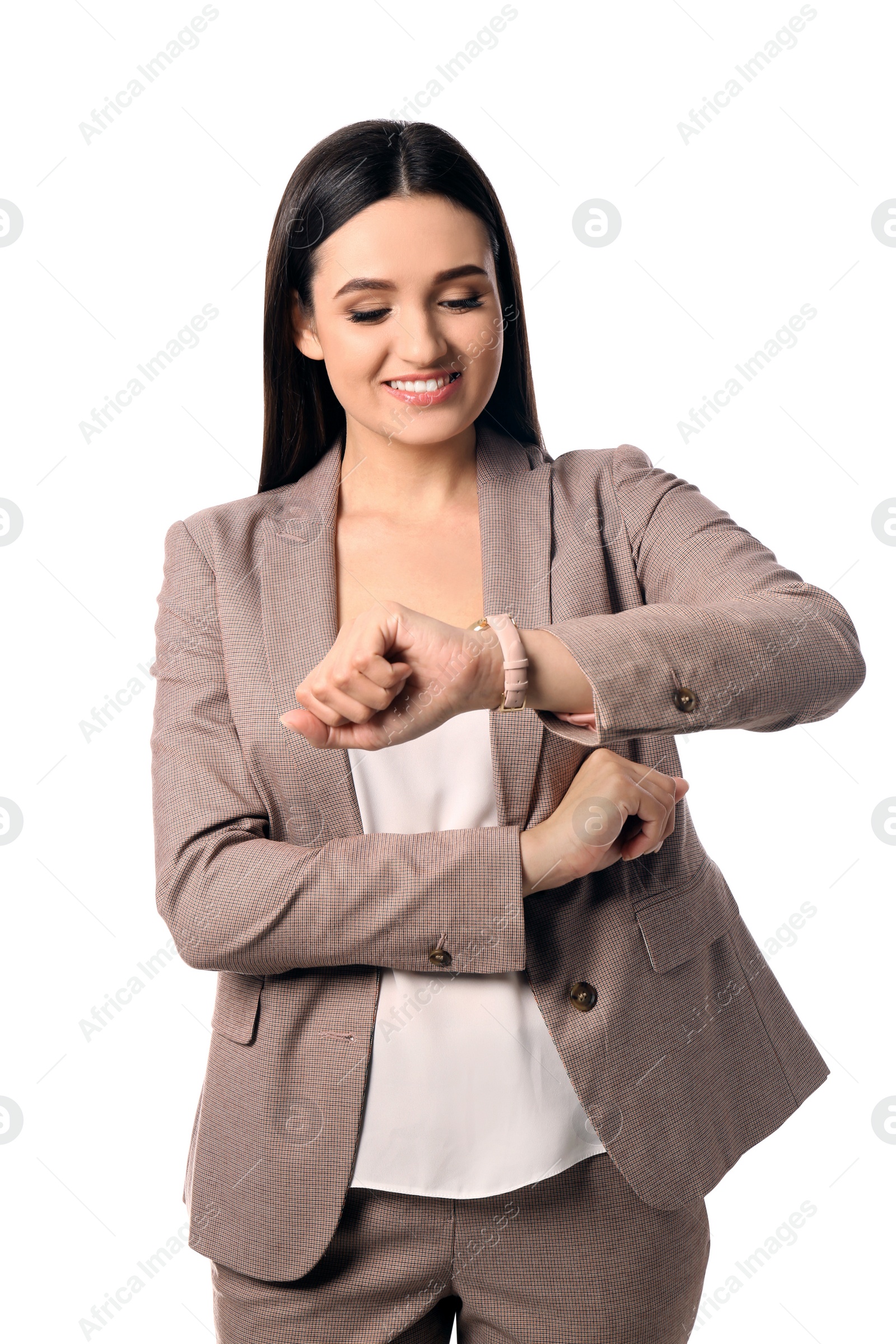 Photo of Portrait of happy businesswoman posing on white background