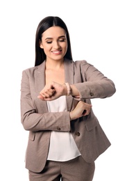 Portrait of happy businesswoman posing on white background