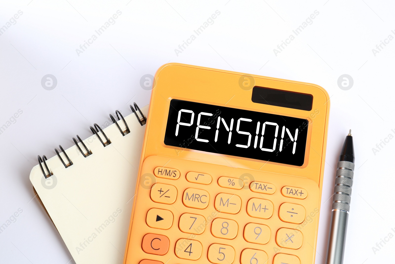 Image of Calculator with word Pension, pen and notebook on white background, top view