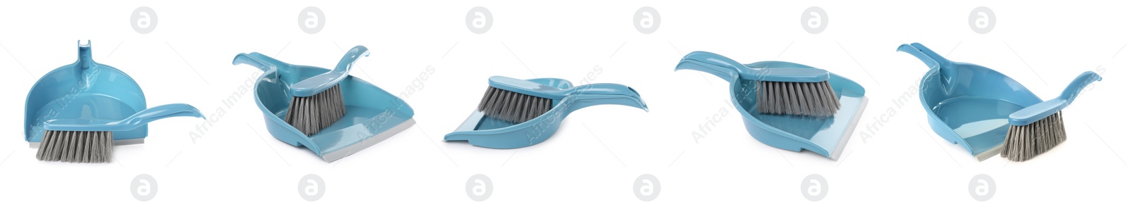 Image of Set with plastic hand brooms and dustpans on white background. Banner design