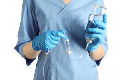 Nurse with IV infusion set on white background, closeup