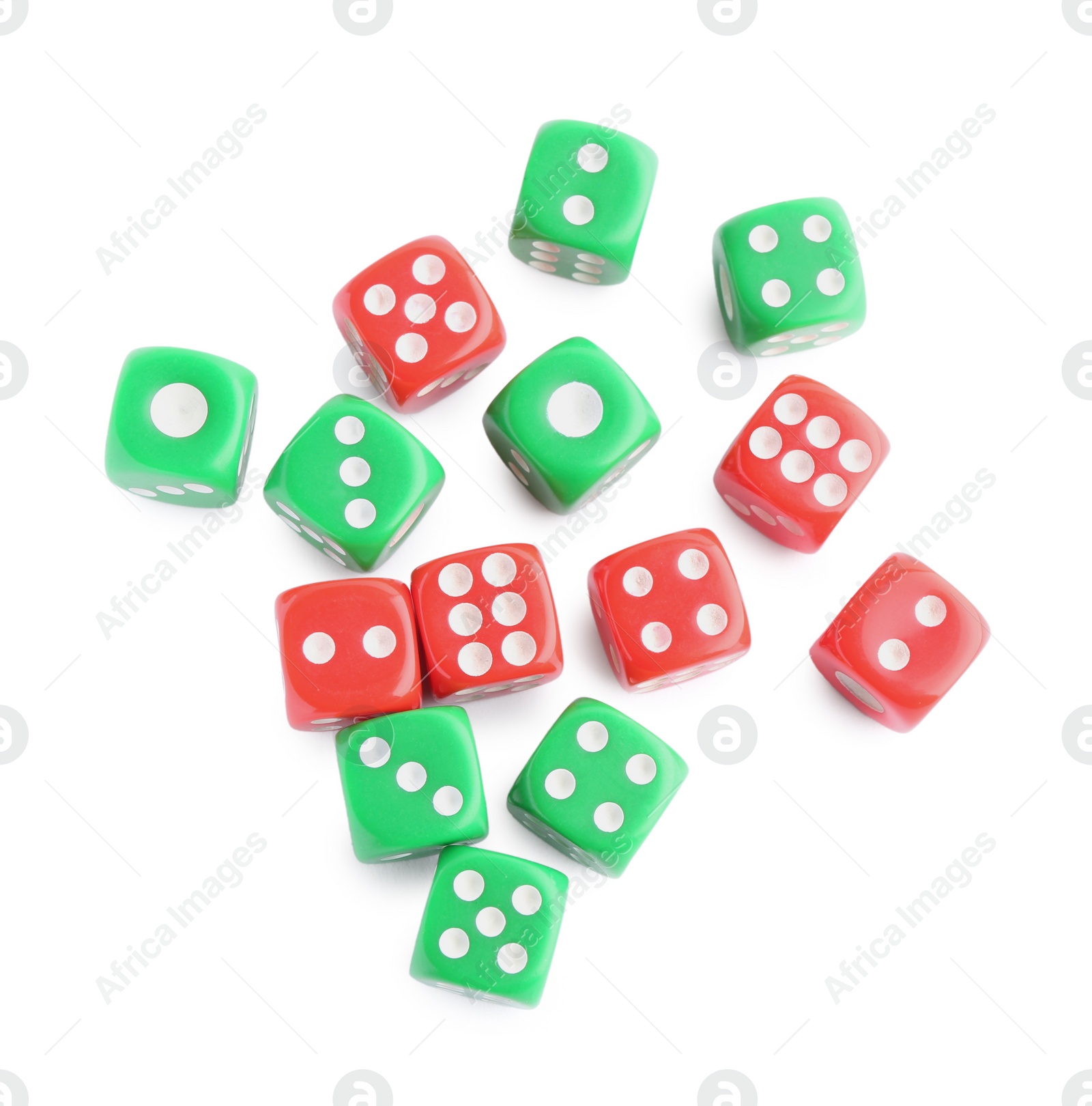 Photo of Many green and red game dices isolated on white, top view