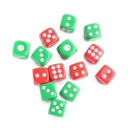 Many green and red game dices isolated on white, top view