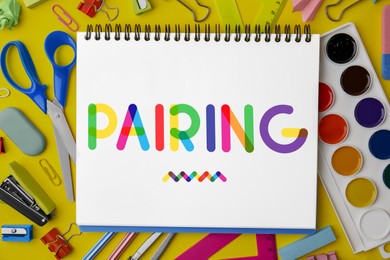 Image of Pairing concept. Different school stationery on yellow background, flat lay
