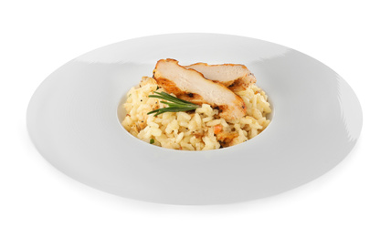 Photo of Delicious chicken risotto with rosemary isolated on white