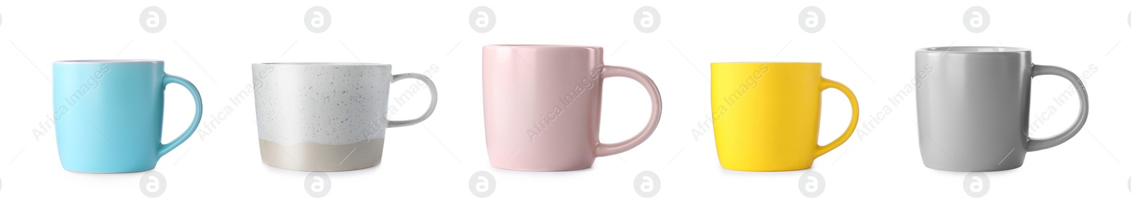 Image of Set with different beautiful cups on white background. Banner design