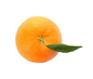 Photo of Whole fresh tangerine with green leaf isolated on white, top view