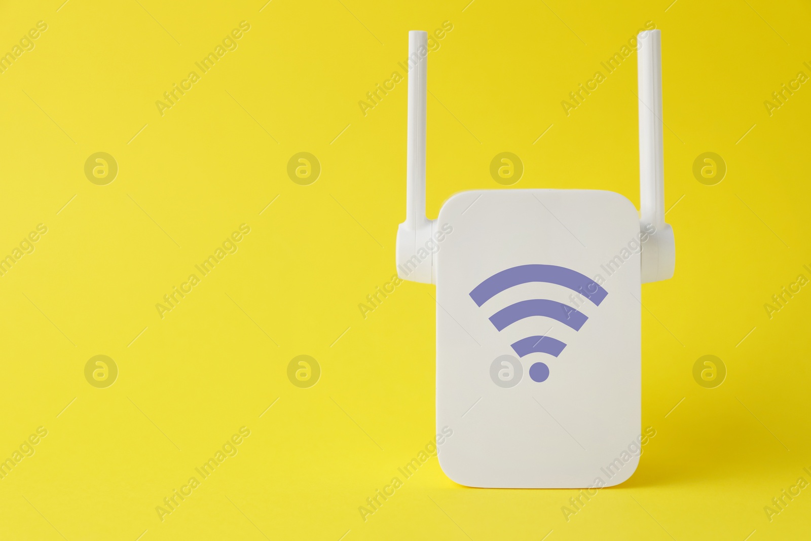 Image of New modern repeater with Wi-Fi symbol on yellow background, space for text