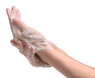 Photo of Woman washing hands with cleansing foam on white background, closeup