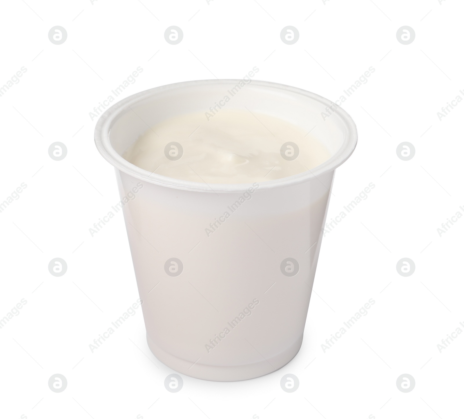 Photo of Plastic cup with delicious organic yogurt isolated on white