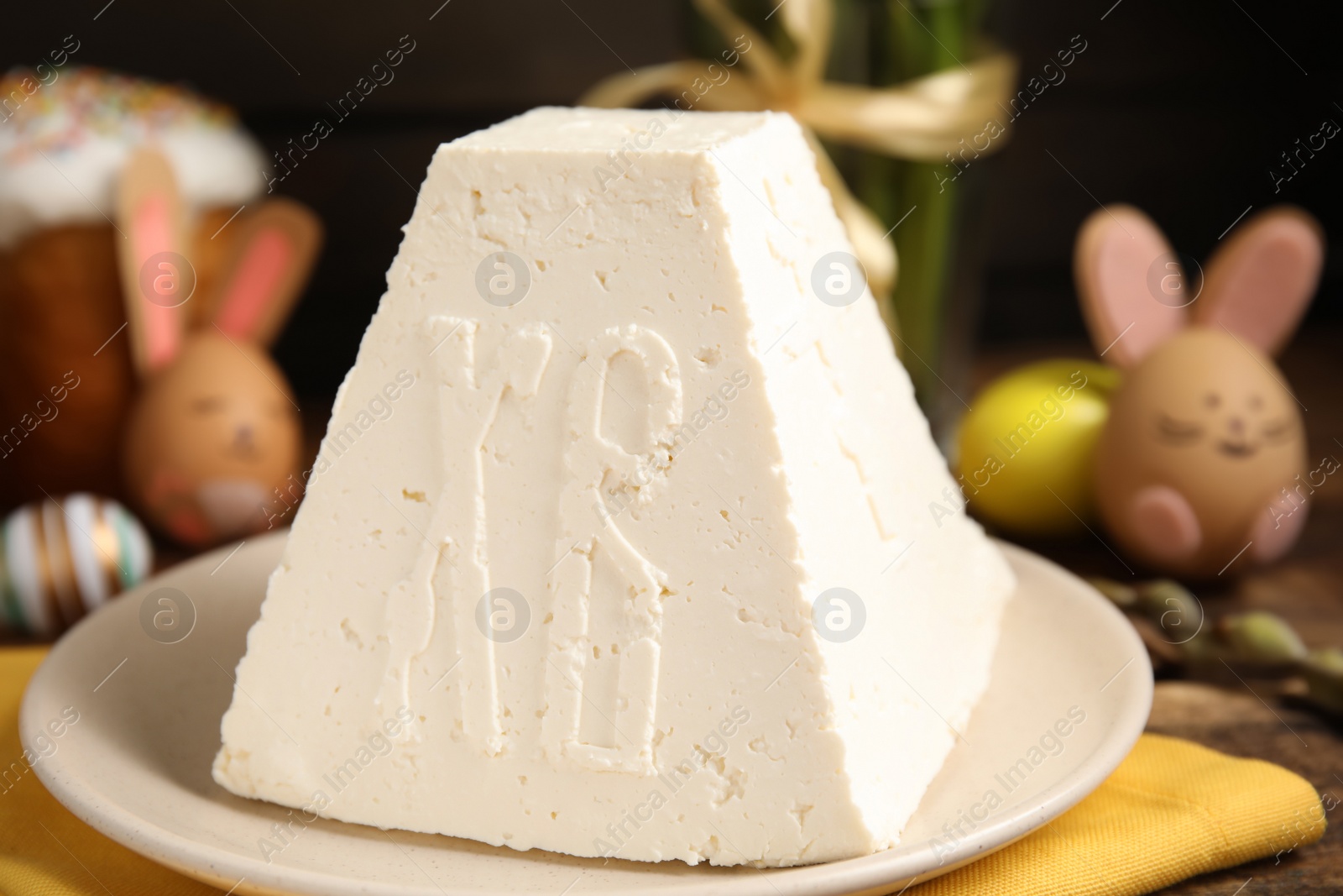 Photo of Traditional cottage cheese Easter paskha on table, closeup