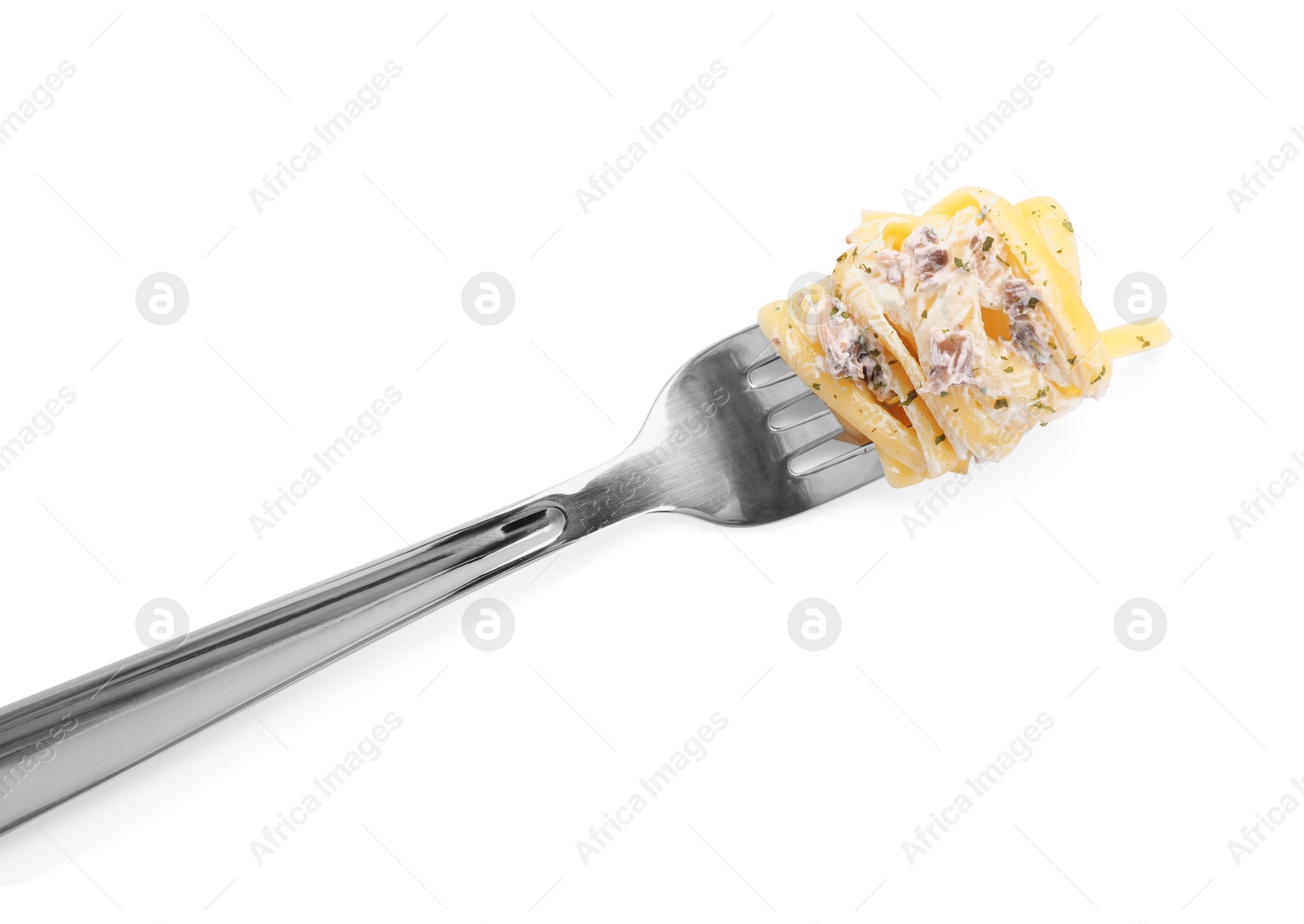 Photo of Fork with tasty pasta isolated on white, top view